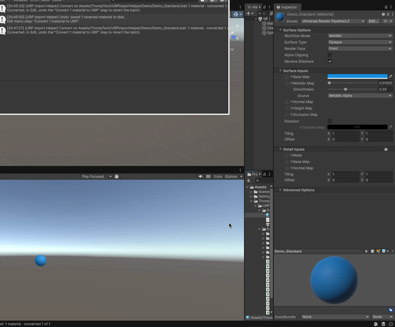 Demo sphere converted to blue with the Inspector showing Universal Render Pipeline/Lit and the conversion report in the Console