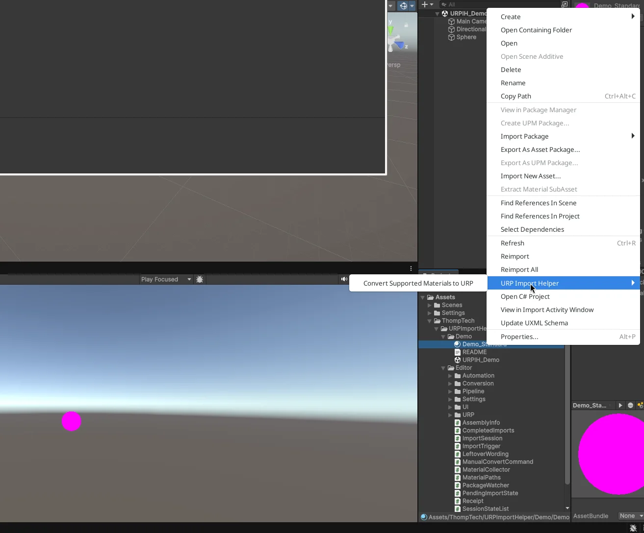 Unity Project window right-click menu showing URP Import Helper > Convert Supported Materials to URP on the pink demo material