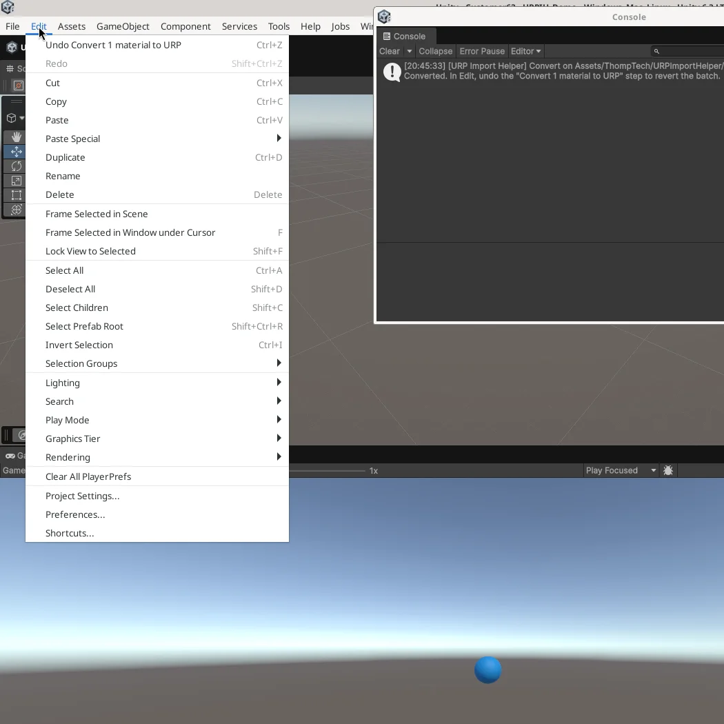Unity Edit menu showing Undo Convert 1 material to URP
