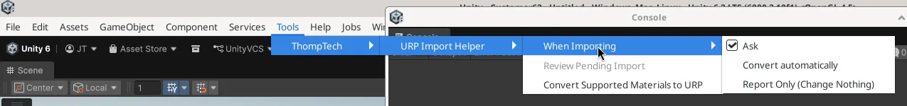 Tools > ThompTech > URP Import Helper > When Importing menu showing Ask, Convert automatically and Report Only (Change Nothing)
